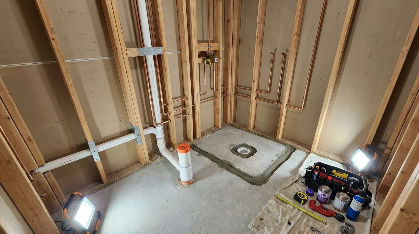 Bathroom rough-in plumbing during remodel by Johns Plumbing LLC in Benkelman