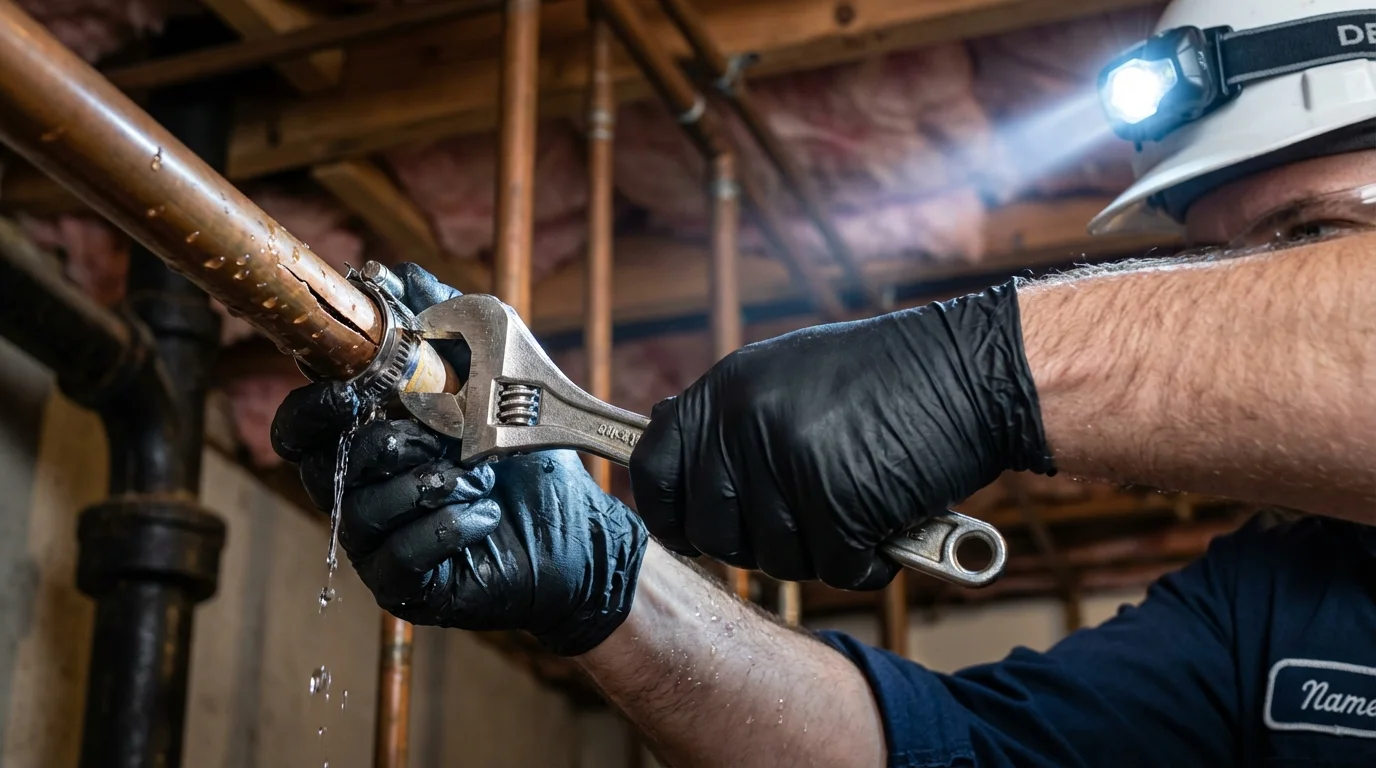 Emergency pipe clamp repair being performed by a Johns Plumbing LLC plumber in Benkelman