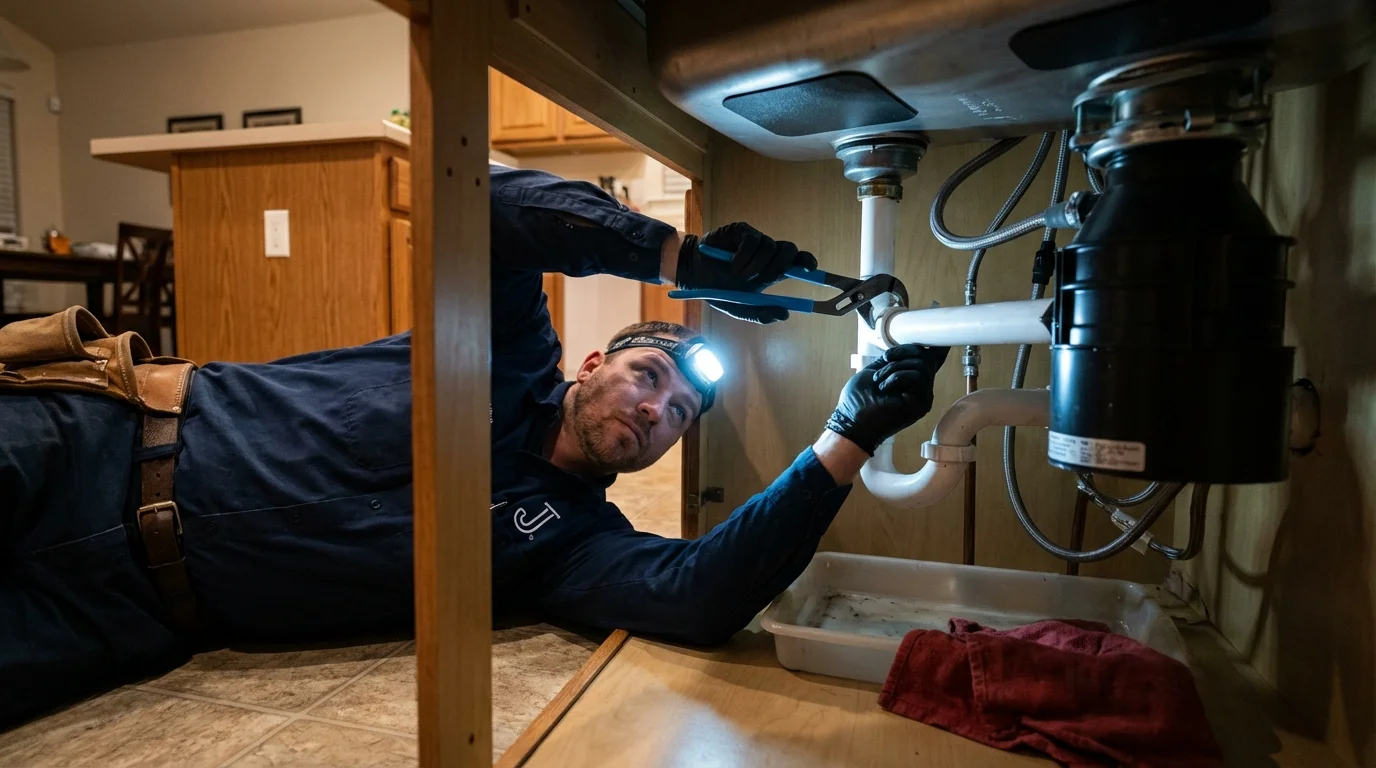 P-trap and supply line connections under a kitchen sink showing a common leak point in Benkelman, NE